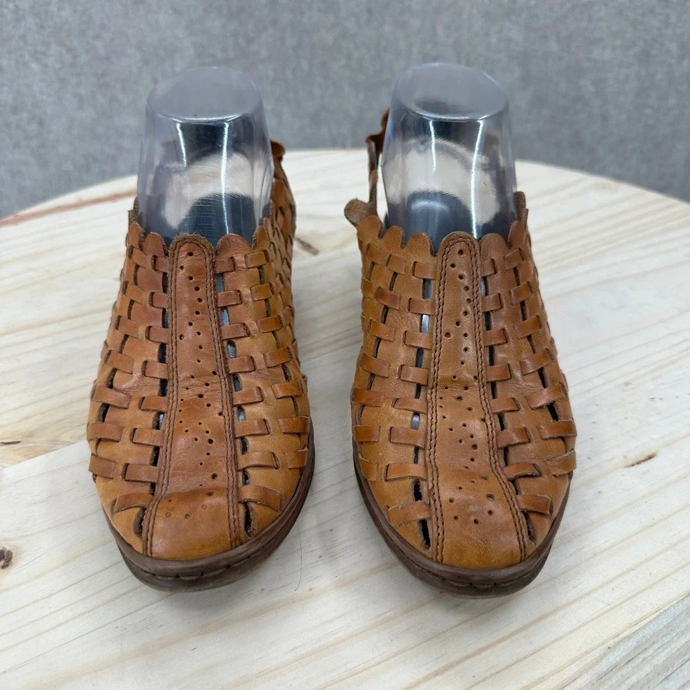 Rieker Woven Leather Slingback Sandals Shoes 7.5 Brown Antistress Scalloped Boho
